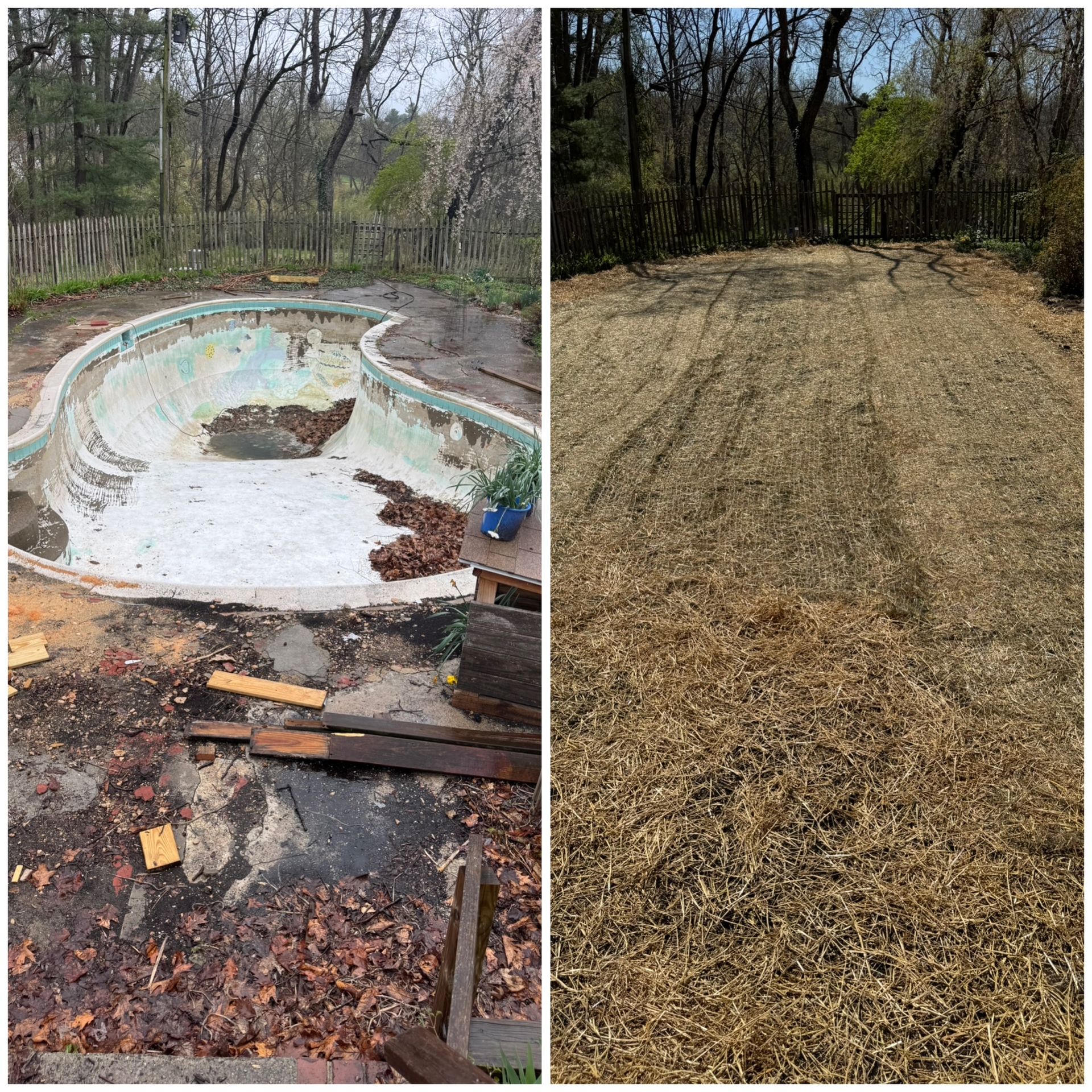 A before and after picture of a swimming pool being demolished.