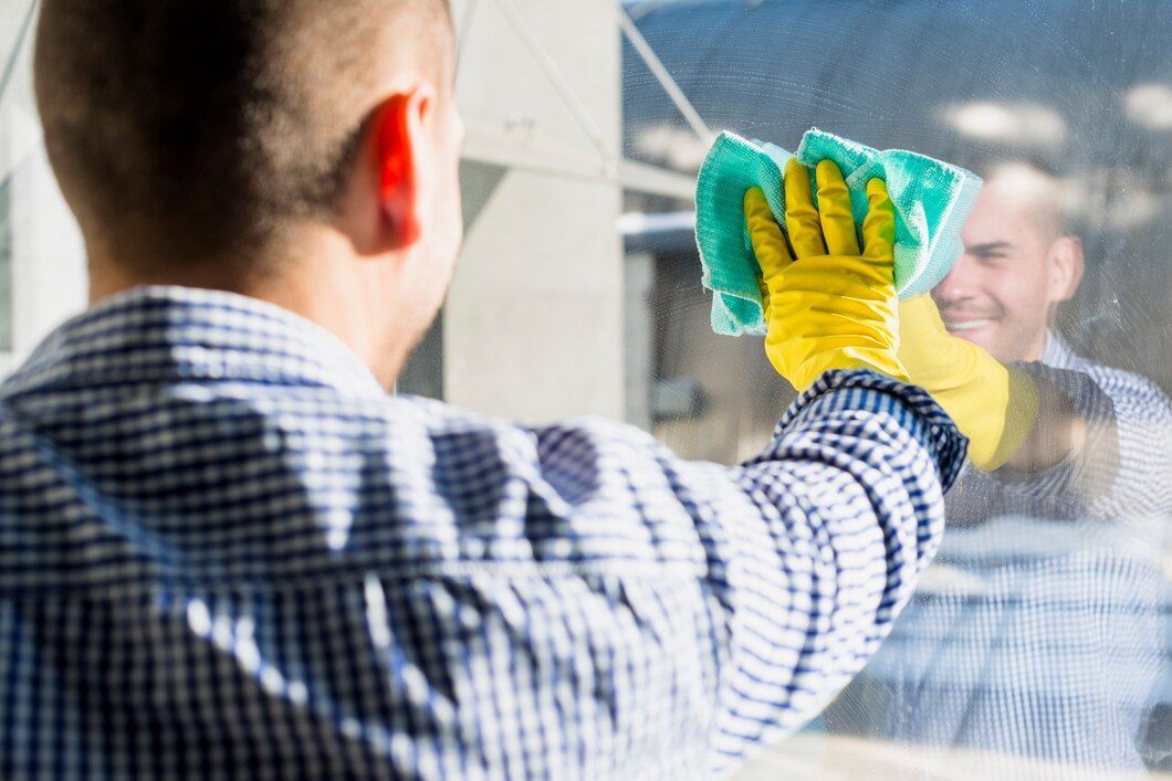 Man cleaning a window with a sponge, wearing gloves. His reflection smiles.