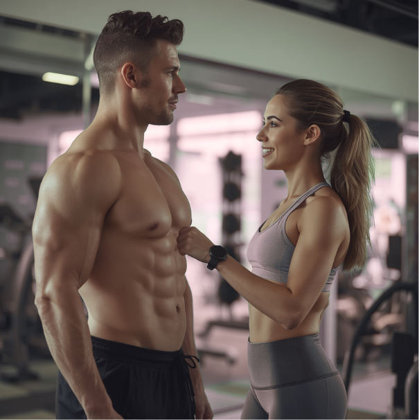 Woman embraces man as he mixes batter in kitchen.