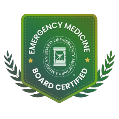 Green Emergency Medicine Board Certified badge with laurel wreaths and circular seal