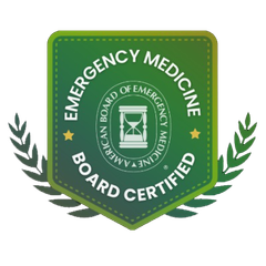 Green Emergency Medicine Board Certified badge with laurel wreaths and circular seal