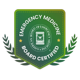 Green Emergency Medicine Board Certified badge with laurel wreaths and circular seal