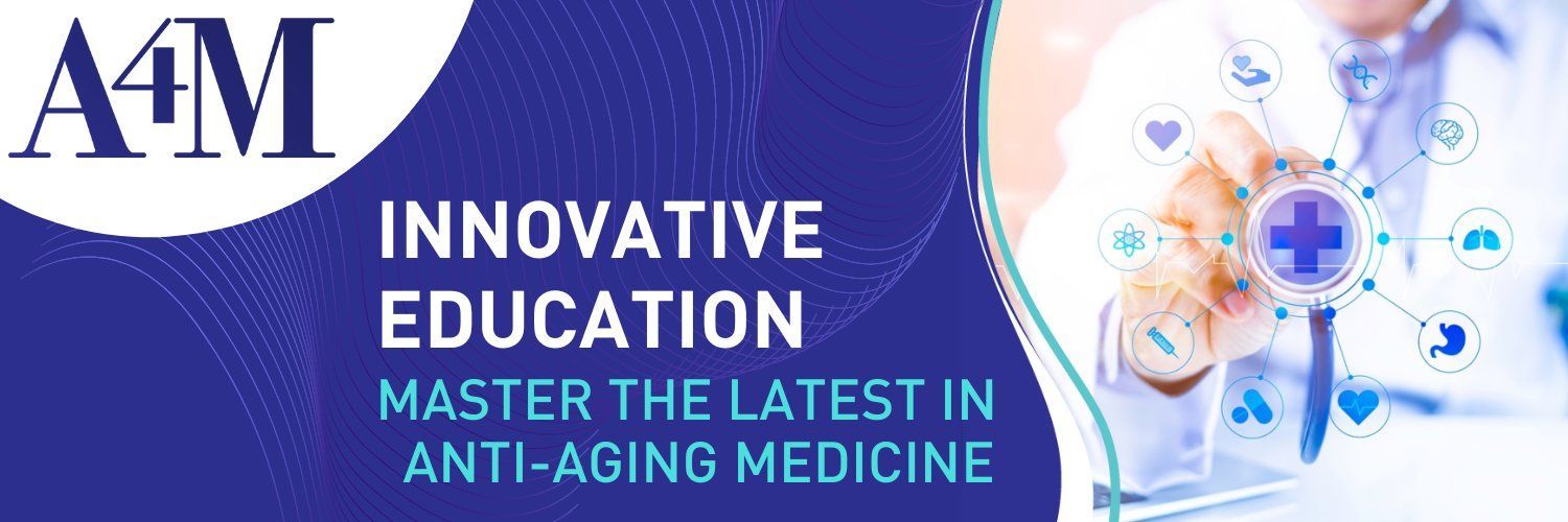 A4M logo and banner promoting innovative educational masterclass in anti-aging medicine, blue and white medical theme
