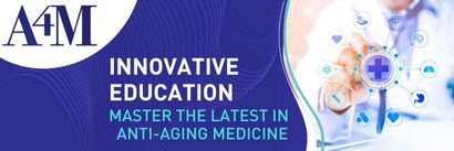 A4M logo and banner promoting innovative educational masterclass in anti-aging medicine, blue and white medical theme
