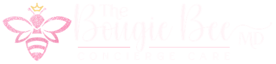 Pink bee with a crown logo, text 