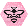 Black bee icon with a crown inside a pink hexagon.