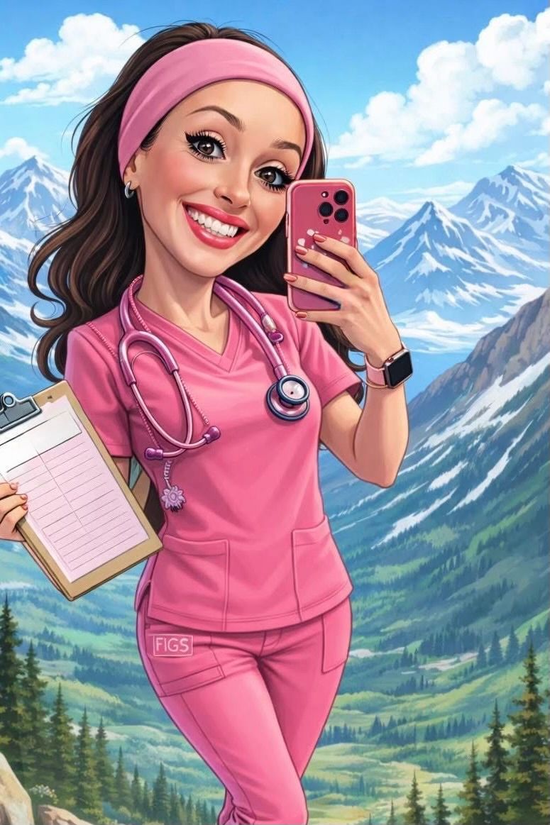 Smiling nurse in pink scrubs taking a selfie, holding a clipboard with snowy mountains behind her