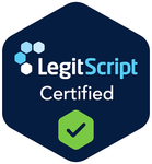 LegitScript Certified badge on dark blue hexagon with green checkmark