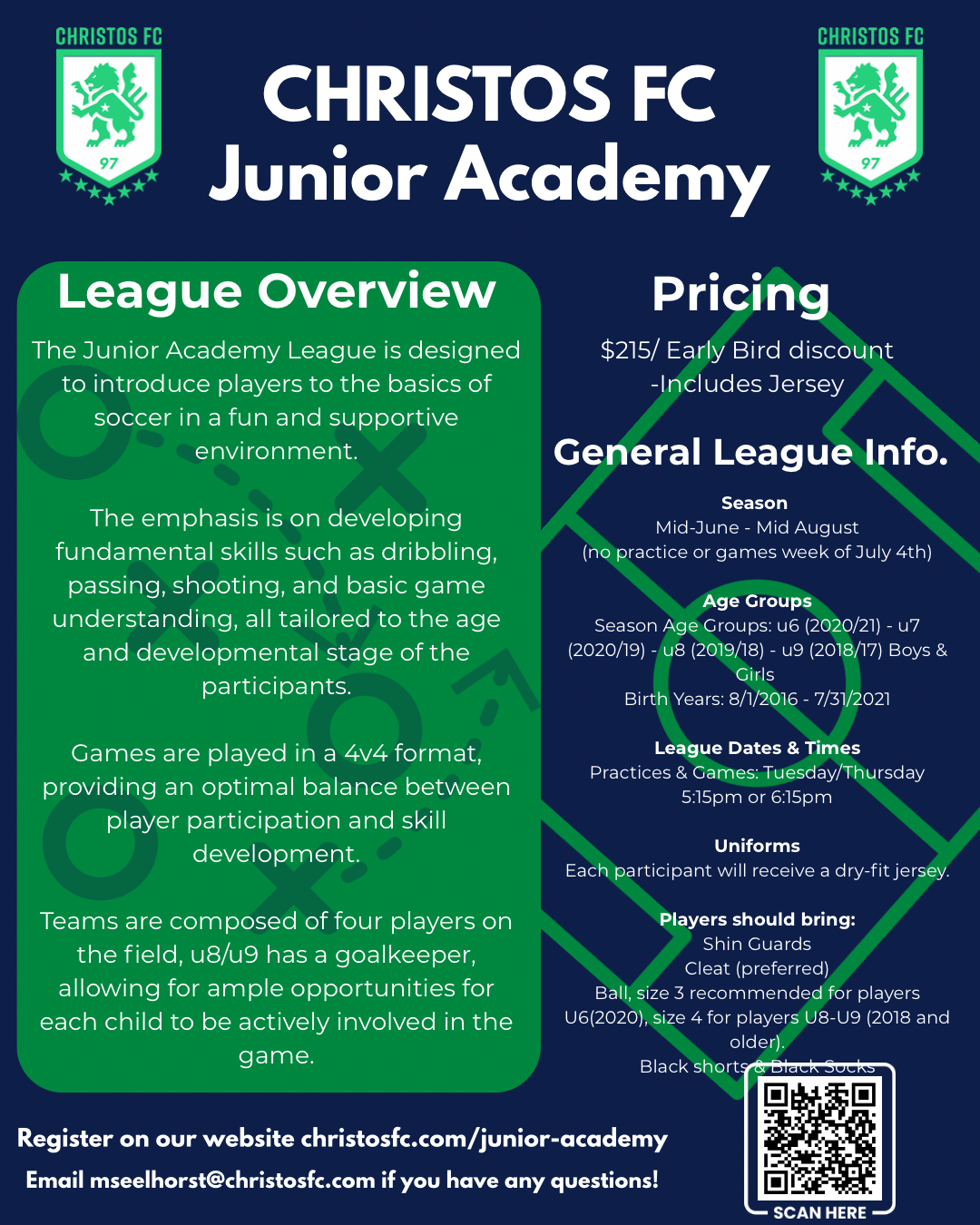 CHRISTOS FC Junior Academy league overview and pricing poster in green and navy with QR code