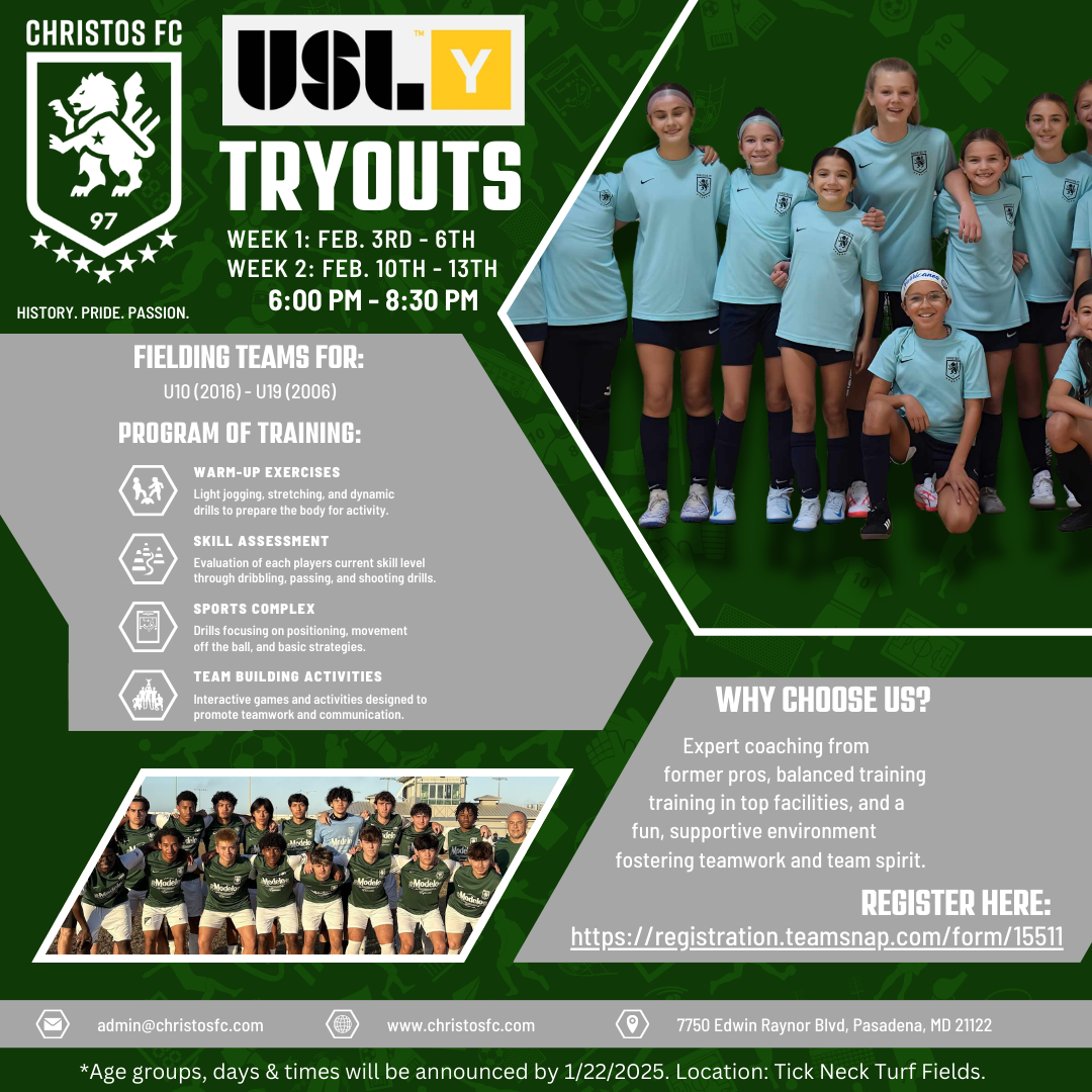 USL Youth Tryouts flyer for Christos FC