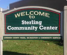 A sign for the Sterling Community Center, green with white lettering, under Loudoun County Parks, Recreation & Community. A sign for the Sterling Community Center, green with white lettering, under Loudoun County Parks, Recreation & Community.
