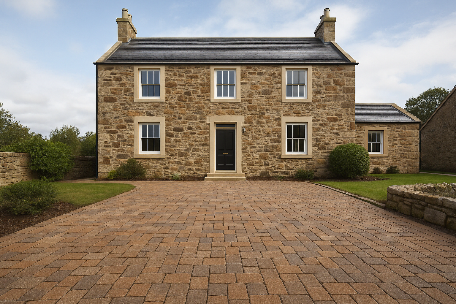Block paving driveway beside artificial grass garden in a Glasgow rear extension