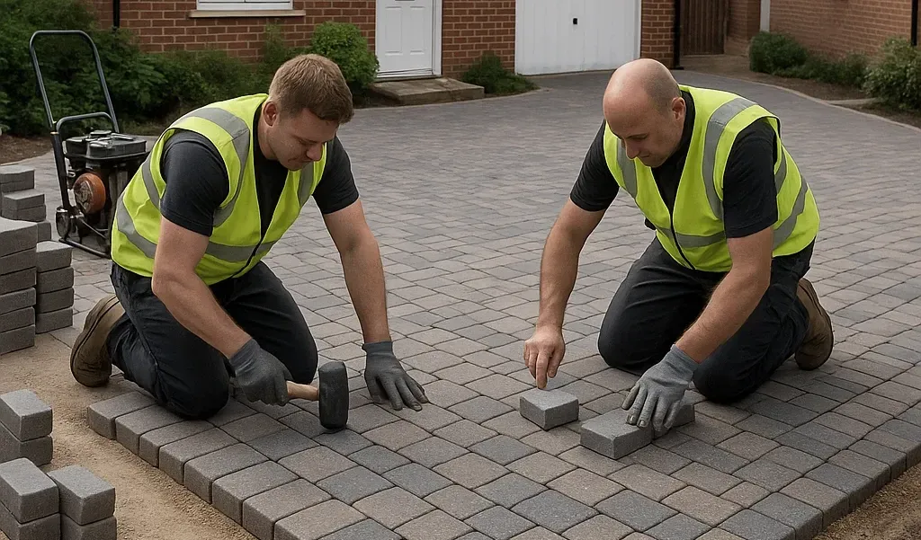 Professional driveway contractors installing Tegula paving