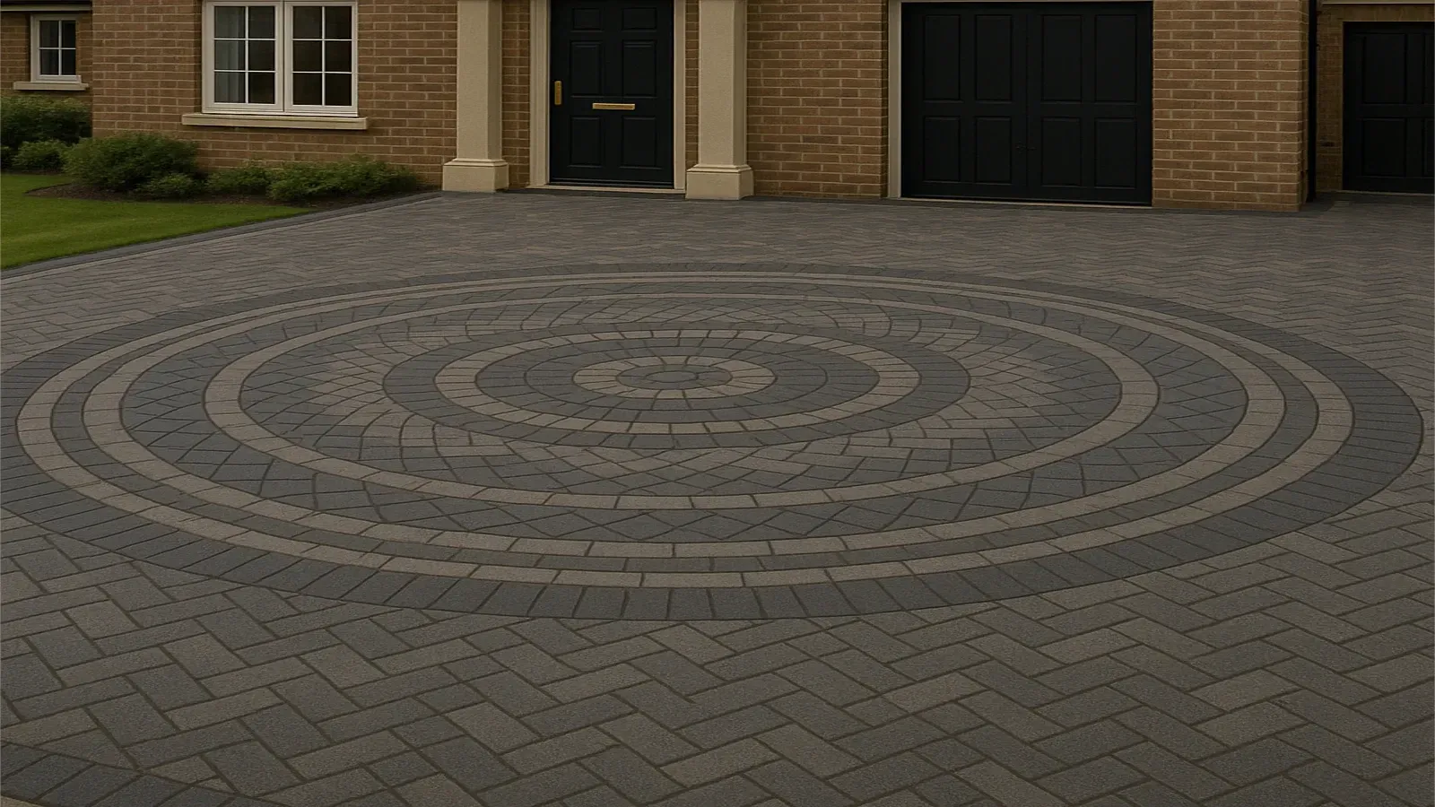Driveway paved with gray bricks in a circular pattern, leading to a brick house with black door and garage.