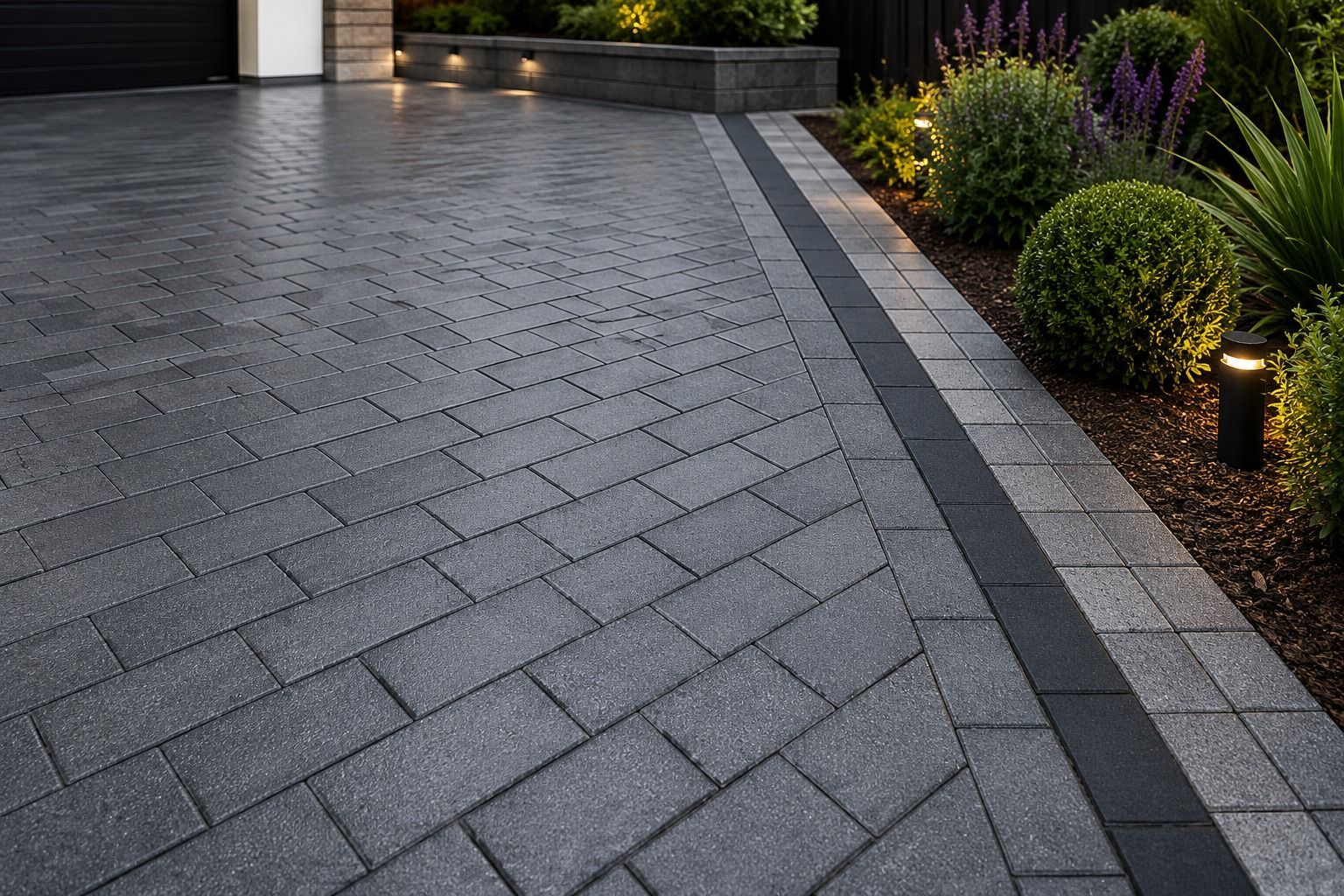 Close-up of a professionally installed monoblock driveway in Glasgow showing grey block paving, charcoal edging, border detail and planted landscaping