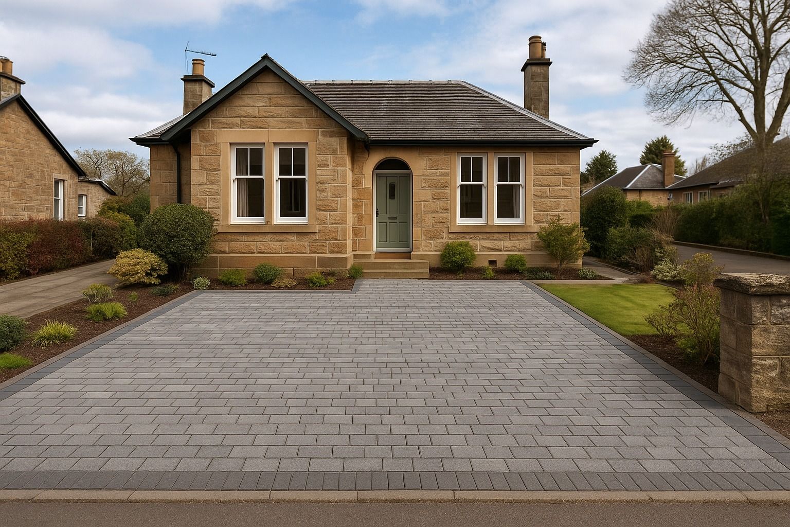 Bridge of Allan sandstone bungalow with newly installed natural grey monoblock driveway,  stretcher bond pattern with decorative border, front garden landscaping, 