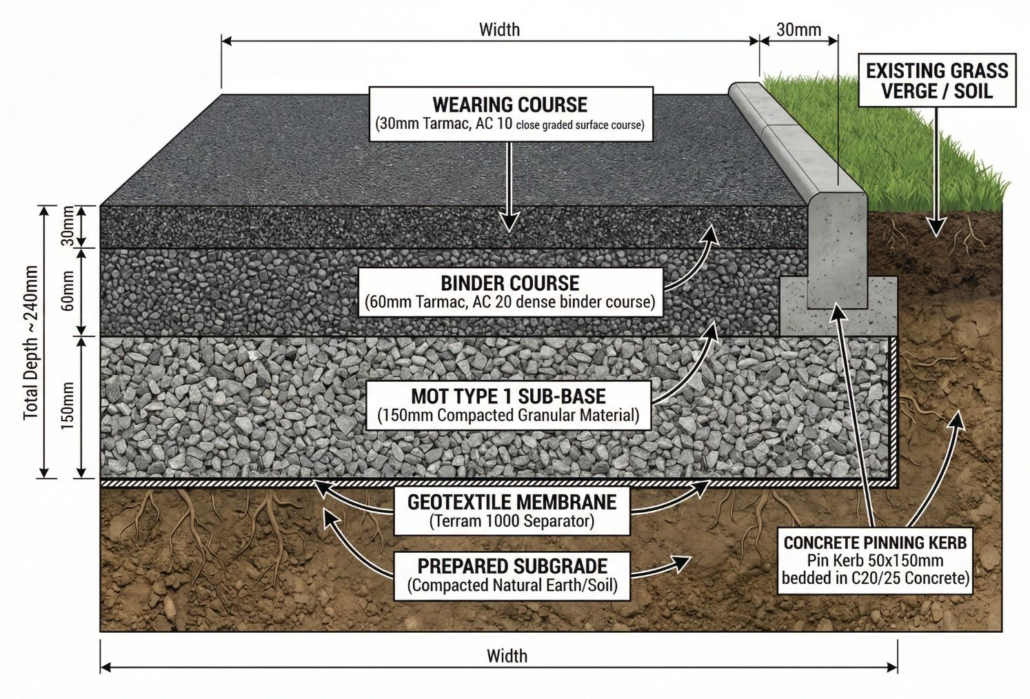 Cross-section diagram of a Pearson Landscapes tarmac installation in Glasgow — wearing course, binder course, MOT Type 1 sub-base and prepared sub-grade layers