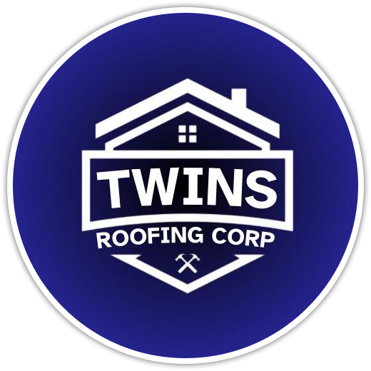 A blue and white logo for Twins Roofing Corp.