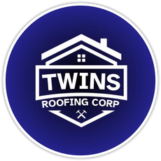 A blue and white logo for Twins Roofing Corp.