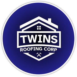 A blue and white logo for Twins Roofing Corp.