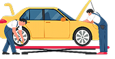 Mechanics changing a yellow car’s tire at a roadside service station | Sean's Auto Care