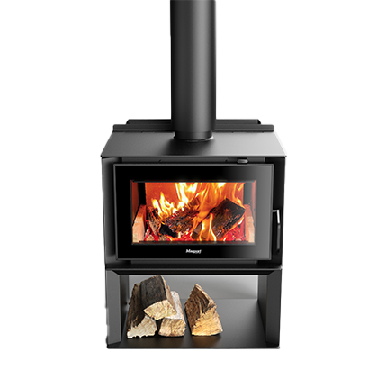 Black Wood-burning Fireplace With Lit Flames, Firewood Below — Tolga Traders in Tolga, QLD