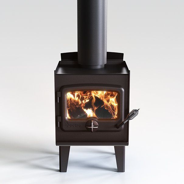 Black Wood-burning Stove With Burning Fire Inside, Chimney Attached — Tolga Traders in Tolga, QLD