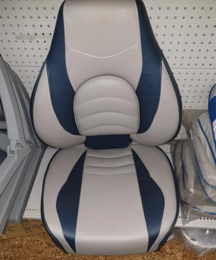 Boat Seat With Grey, Blue, and White Upholstery — Tolga Traders in Tolga, QLD