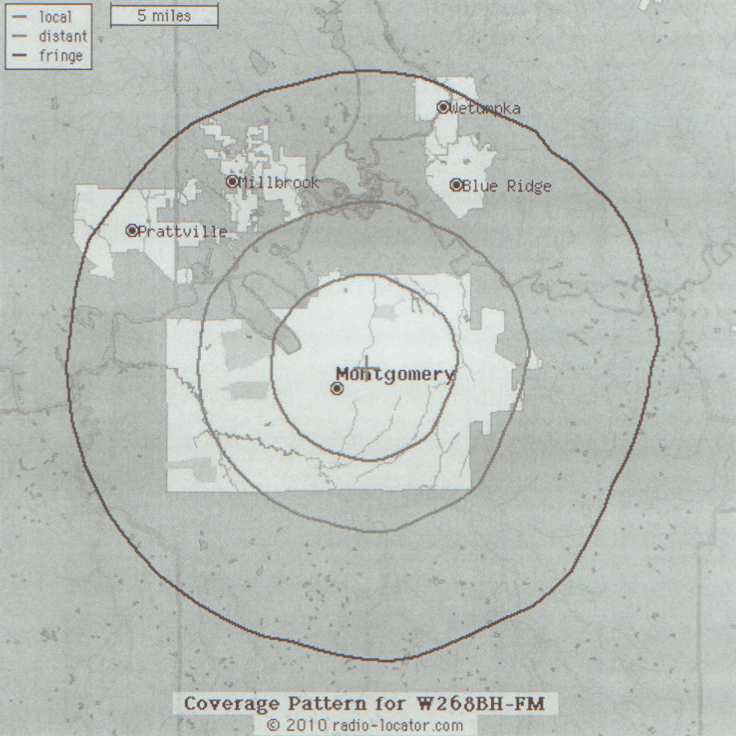 Map of FM radio coverage around Montgomery with concentric range circles and labeled towns.