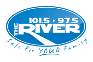 Blue oval radio logo reading “101.5 97.5 THE RIVER” with the tagline “Safe for your family”