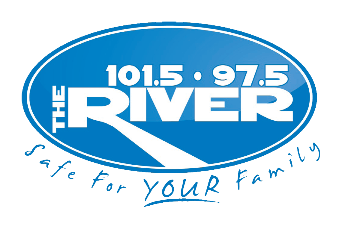 Blue oval radio logo reading “101.5 97.5 THE RIVER” with the tagline “Safe for your family”