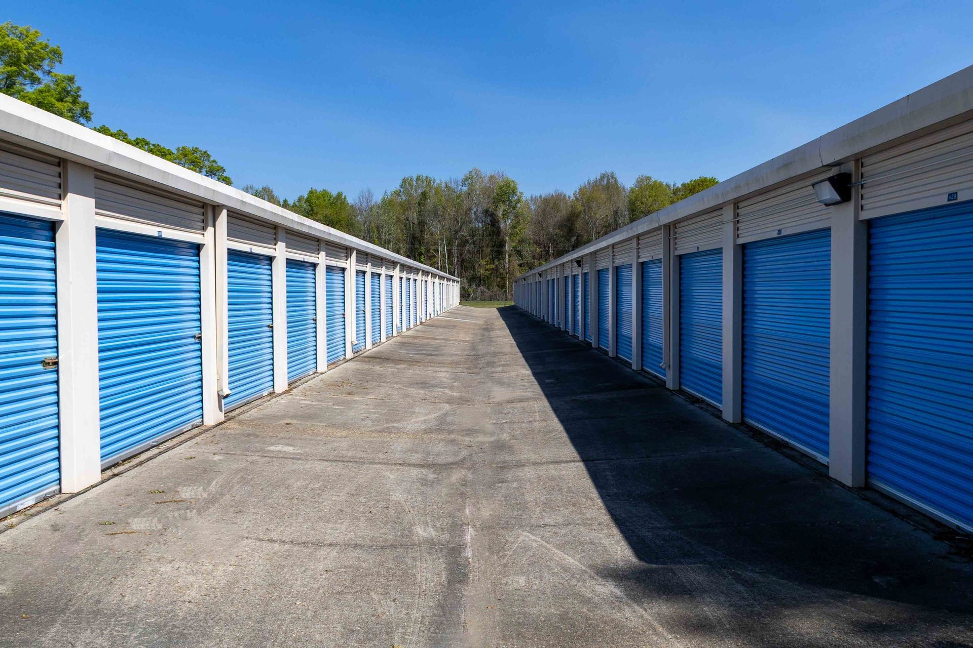 Blue drive-up storage units at Baker Boulevard Storage in Baker, LA