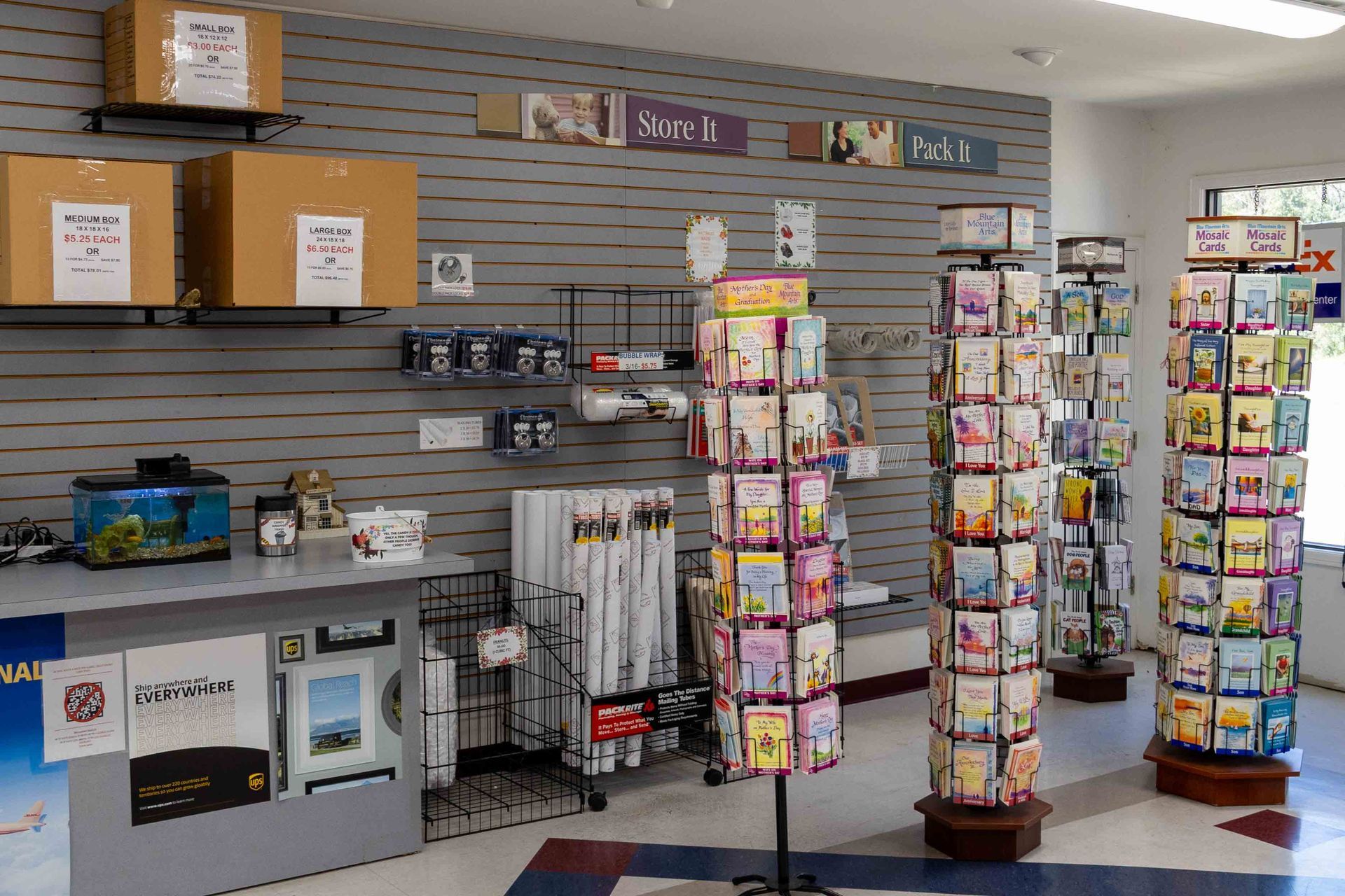 Mailing and shipping supplies inside the Ship-N-Store office on Plank Road