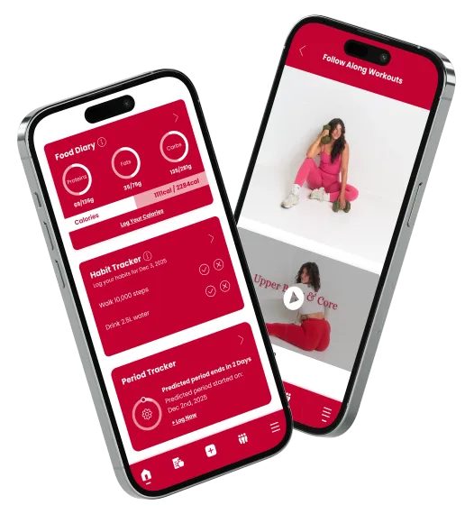 Two smartphones displaying a red and white app interface; one shows stats, the other a calendar.