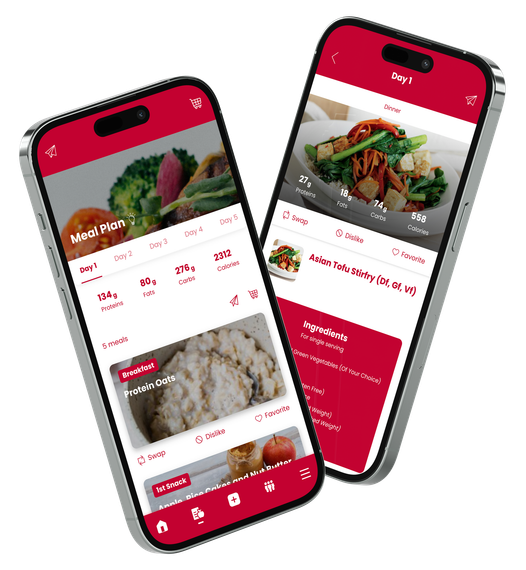 Two smartphones displaying a meal plan app interface in red and white.
