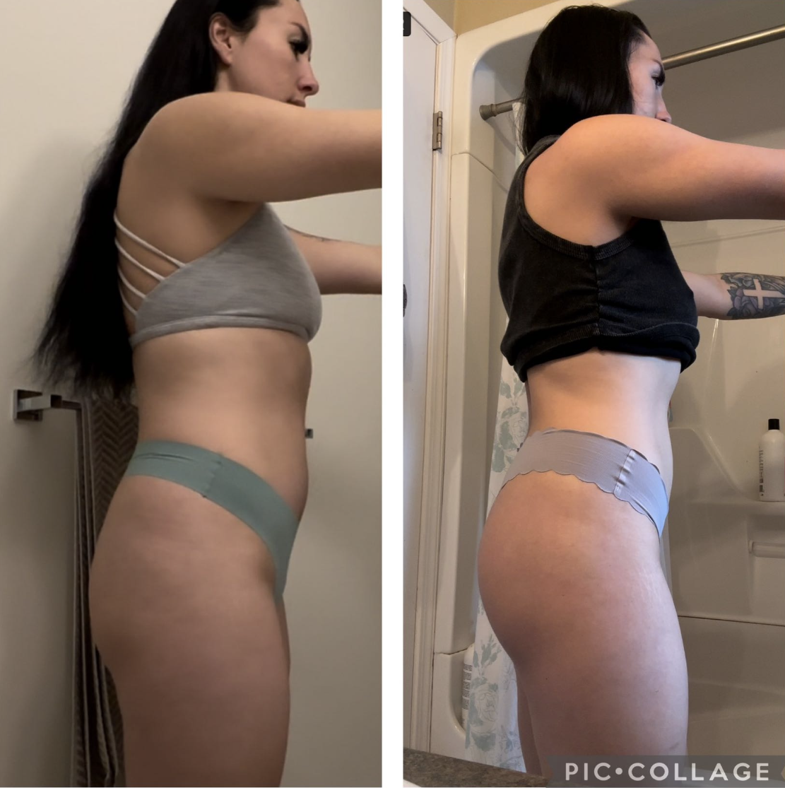 Two side-view photos show a person's body changes. The person wears underwear and a top in each photo, taken in a bathroom.