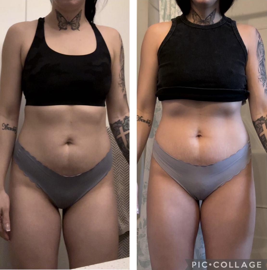 Two photos showing a person's body from the chest down, appearing slimmer on the right.