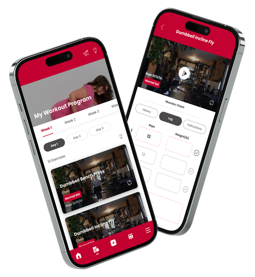 Two smartphones displaying a workout app with red accents. One shows workout options, the other a video.