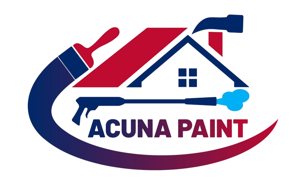 Acuna Paint logo with blue and red house outline and paint swoosh on white background