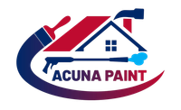 Acuna Paint logo with blue and red house outline and paint swoosh on white background