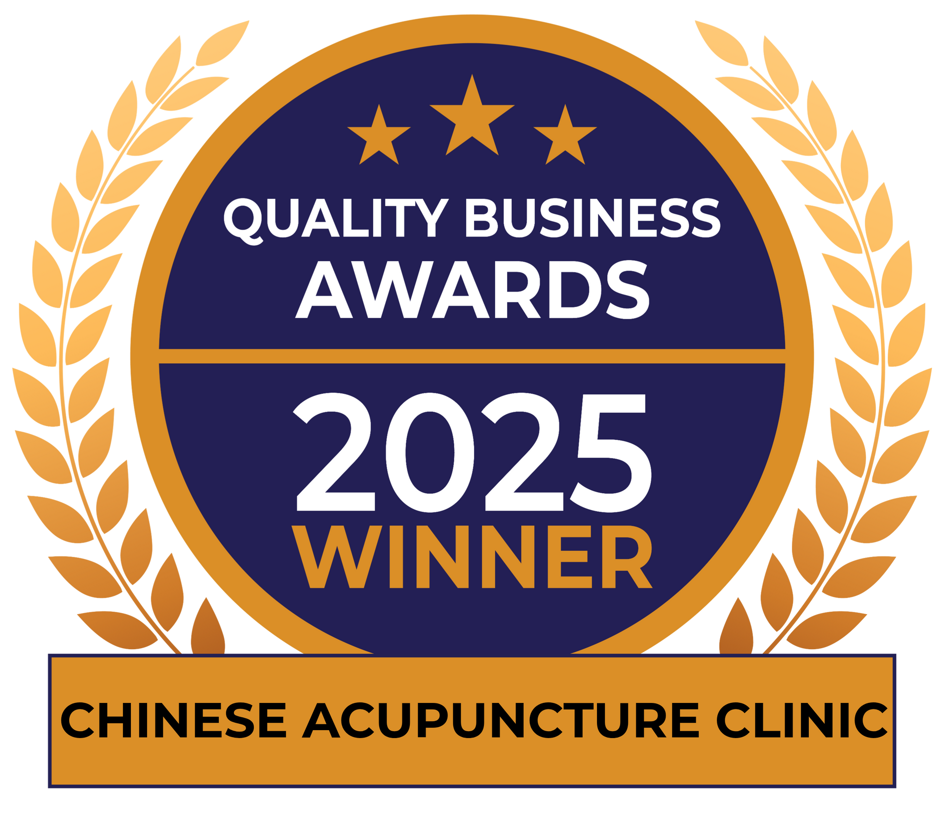 Quality Business Awards 2025 Winner badge for Chinese Acupuncture Clinic in blue, gold, and orange.