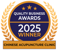 Quality Business Awards 2025 Winner badge for Chinese Acupuncture Clinic in blue, gold, and orange.