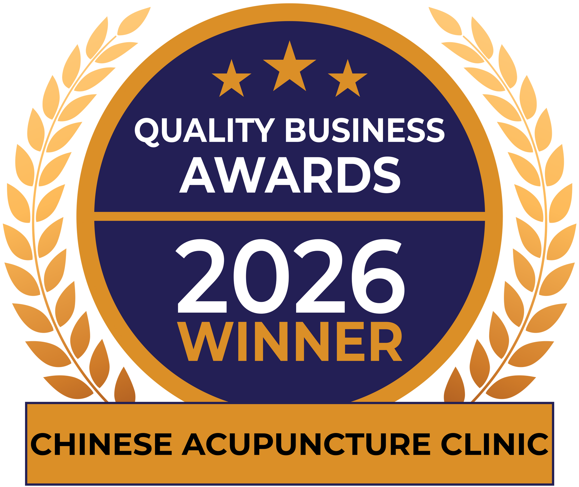Quality Business Awards 2026 winner badge for Chinese Acupuncture Clinic, gold and blue emblem