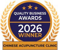 Quality Business Awards 2026 winner badge for Chinese Acupuncture Clinic, gold and blue emblem