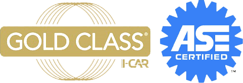 A gold class i-car logo next to an ase certified logo