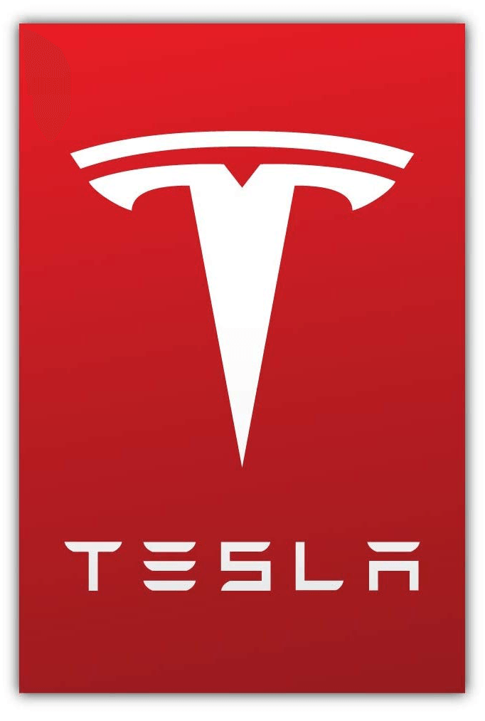 The tesla logo is on a red background.
