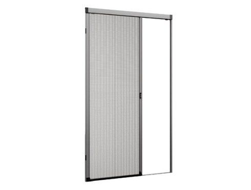 Una porta scorrevole con una finestra al centro su uno sfondo bianco.