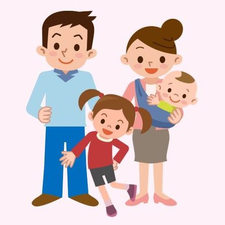A cartoon illustration of a family standing next to each other