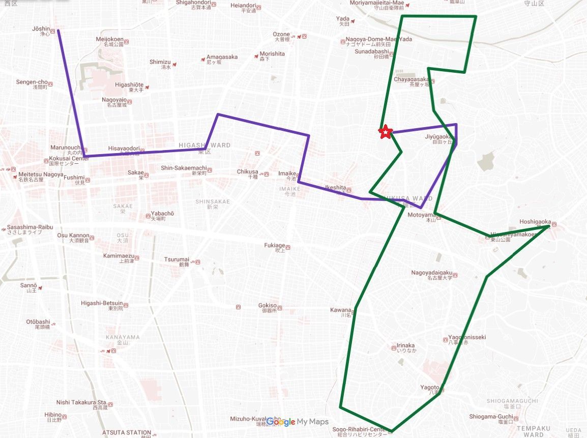 紫と緑のルート ライン (おそらく配送または移動ルート) と赤いマーカーが付いた地図。