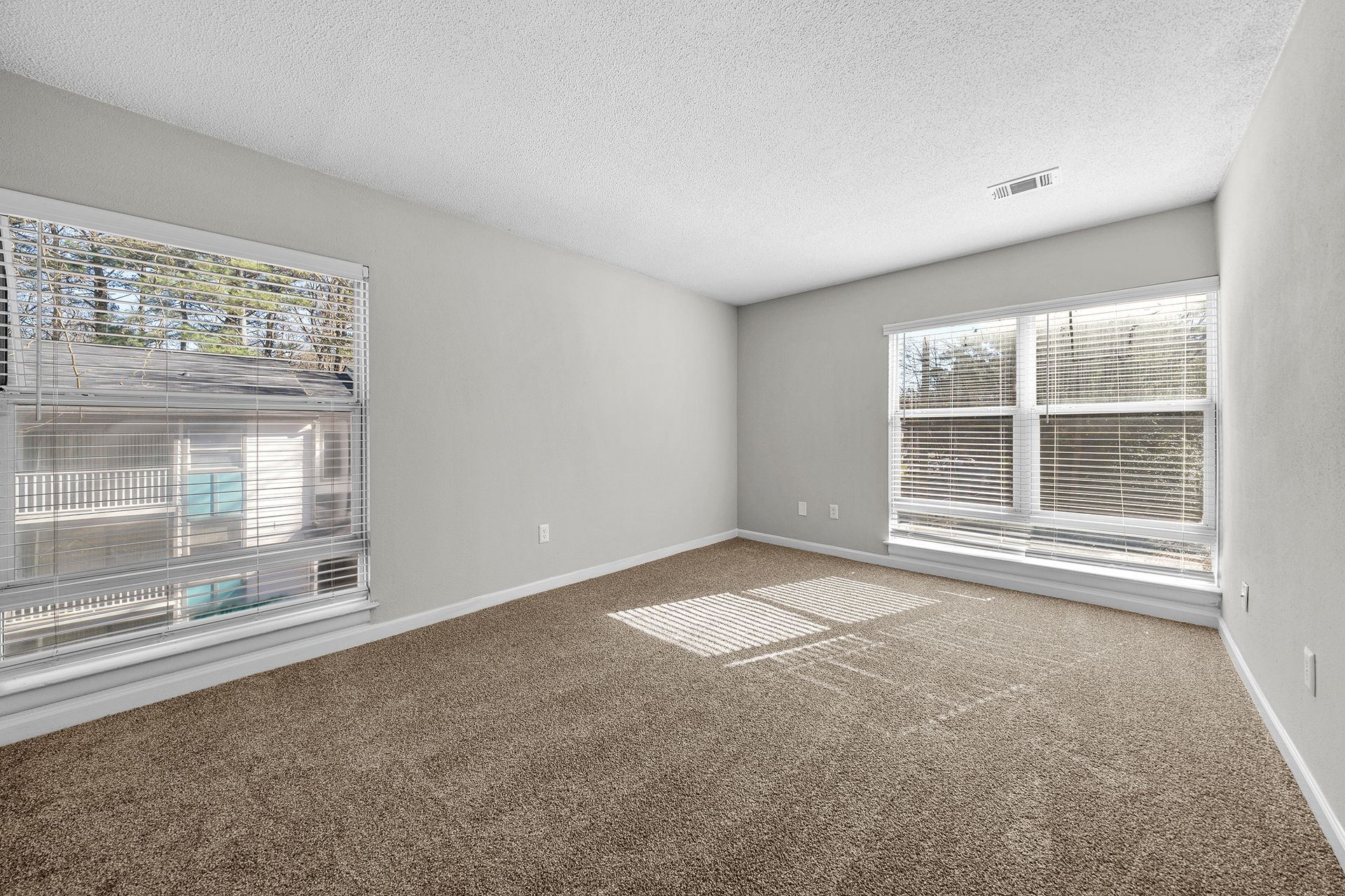 Empty beige-carpeted room with white walls and two windows letting in bright sunlight.